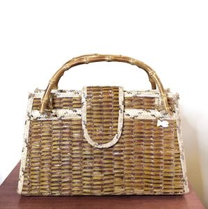 🍩Vintage Basket Weave RAFFIA Bamboo Handle Hand Bag🍩